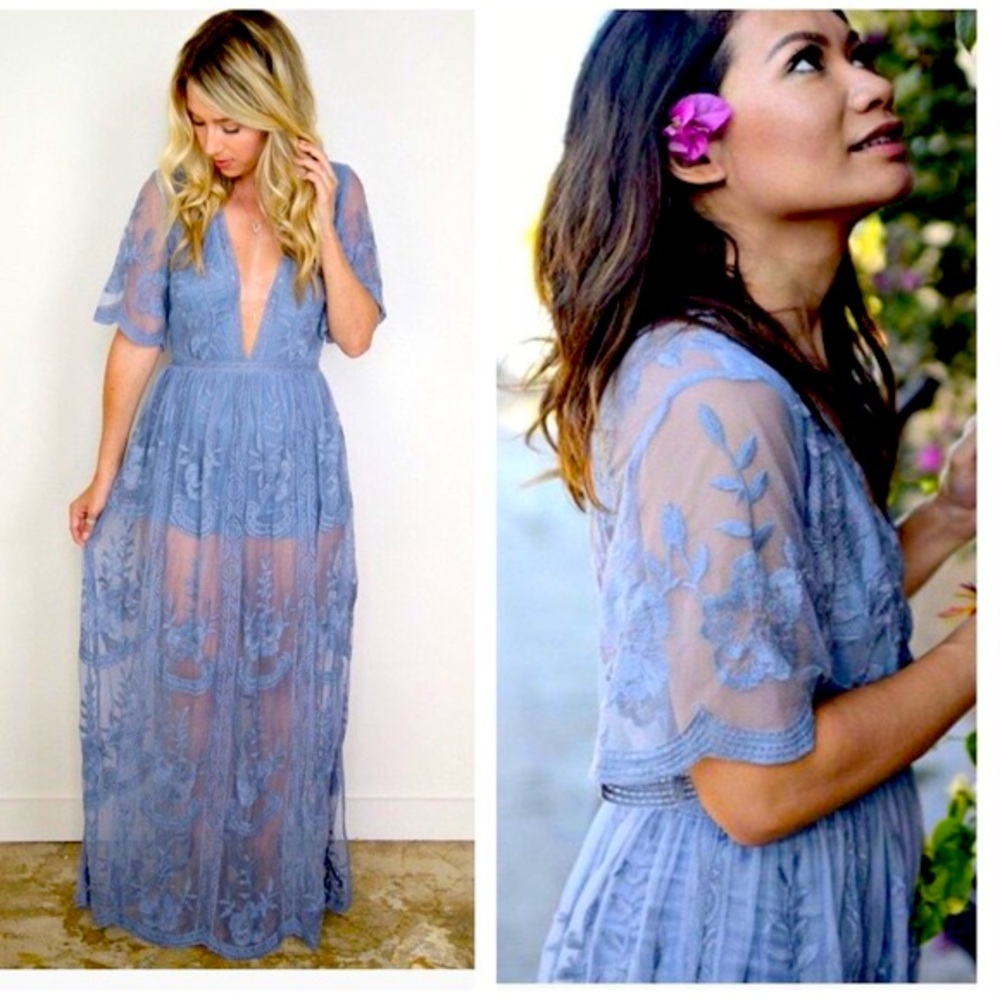 Honey Punch Dusty Blue Lace Romper/Dress